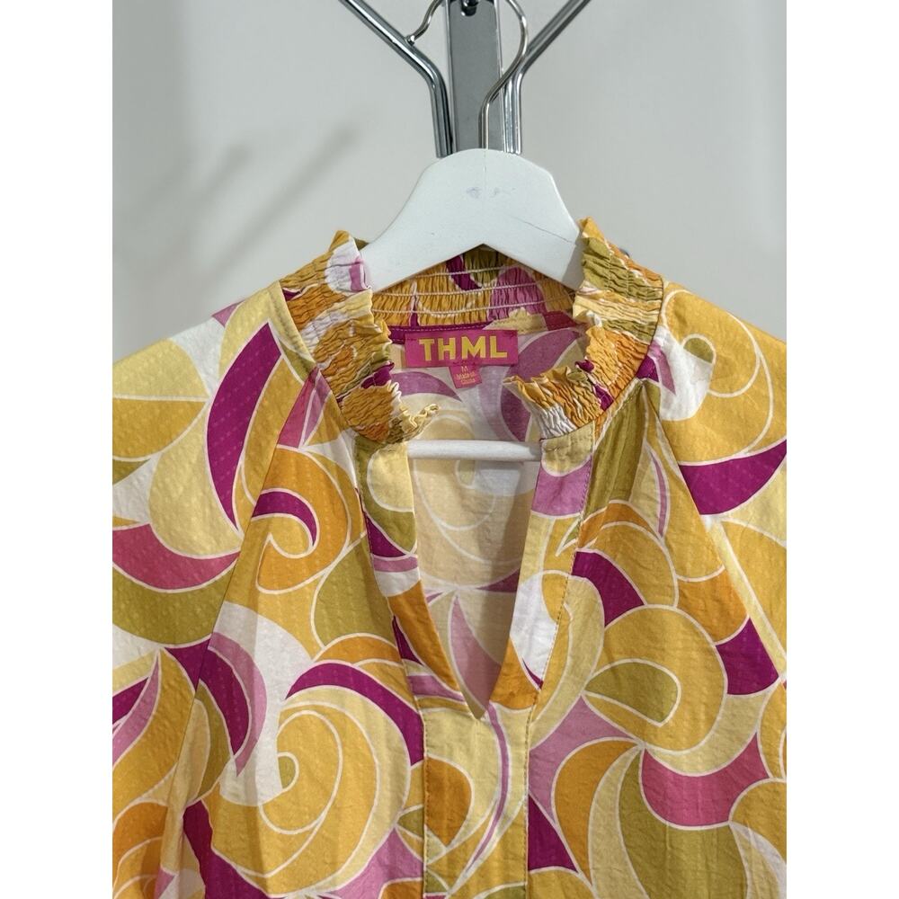 THML Women’s Yellow Pink Abstract Swirl Puff Sleeve V-Neck Blouse Top Size M - Picture 3 of 13